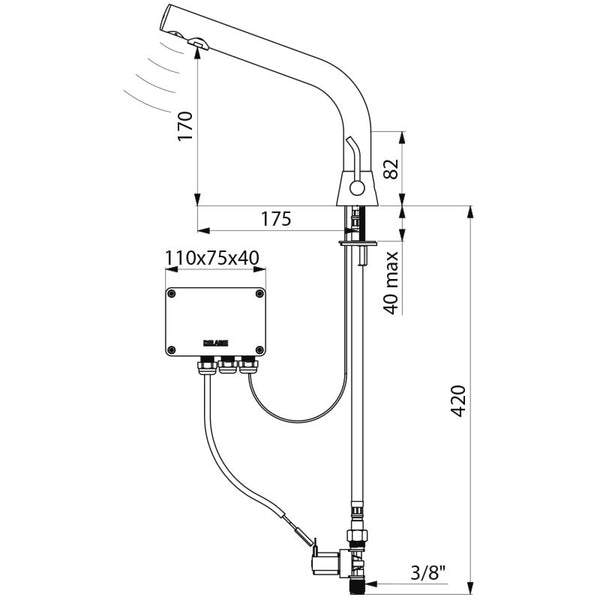 Delabie BINOPTIC MIX elektronische wastafelmengkraan op blad H.170 netspanning chroom - maattekening