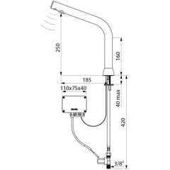 Delabie BINOPTIC elektronische wastafelkraan op blad H.250 netspanning chroom - maattekening
