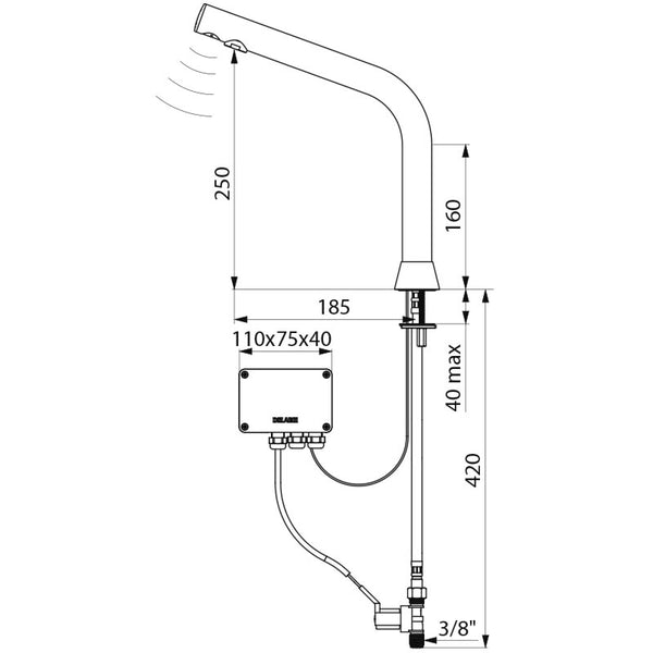Delabie BINOPTIC elektronische wastafelkraan op blad H.250 netspanning chroom - maattekening