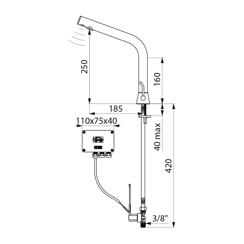 Delabie BINOPTIC MIX elektronische wastafelmengkraan op blad H.250 netspanning chroom - maattekening