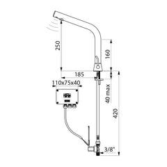 Delabie BINOPTIC MIX elektronische wastafelmengkraan op blad H.250 netspanning chroom - maattekening