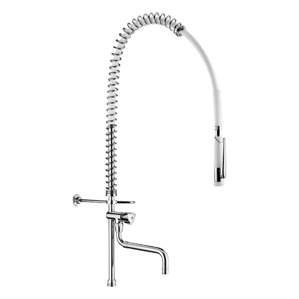 Delabie Witte voorspoelkolom met tapkraan en telescopische uitloop, korte rvs zuil en sproeier