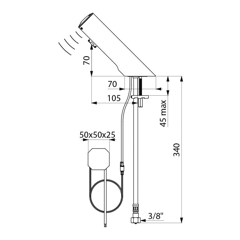 Delabie TEMPOMATIC 4 elektronische wastafelkraan op blad netspanning inbouwaansluiting chroom - maattekening