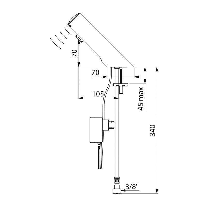 Delabie TEMPOMATIC 4 elektronische wastafelkraan op blad netspanning met stekker chroom - maattekening
