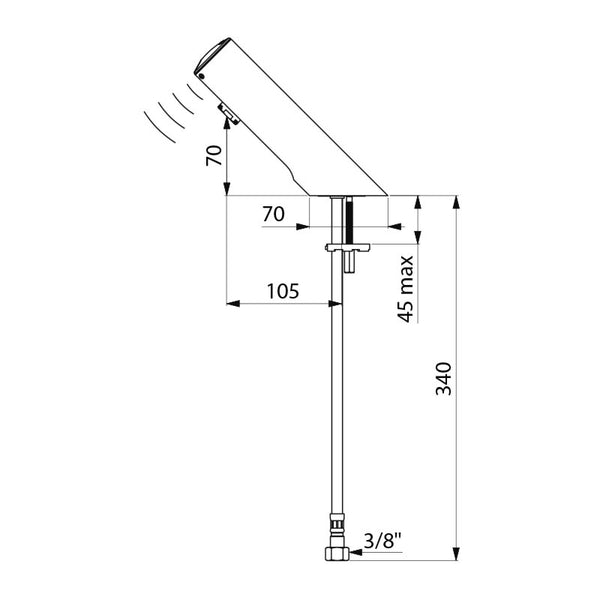 Delabie TEMPOMATIC 4 elektronische wastafelkraan op blad 6V batterij chroom - maattekening