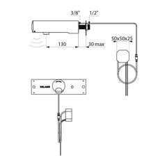 Delabie TEMPOMATIC 4 elektronische wandkraan voor wastafel netspanning inbouwaansluiting uitloop 130 mm chroom - maattekening