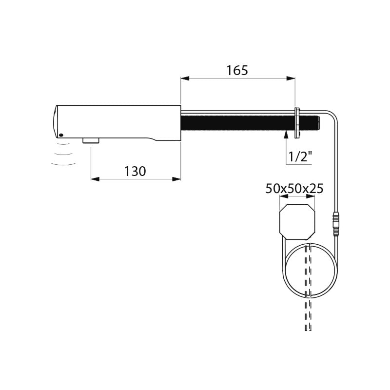 Delabie TEMPOMATIC 4 elektronische wandkraan voor wastafel door de muur netspanning uitloop 130 mm chroom - maattekening