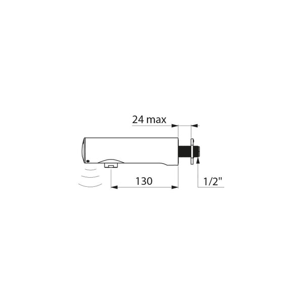 Delabie TEMPOMATIC 4 elektronische wandkraan voor wastafel voor paneel 1-24 mm 6V batterij uitloop 130 mm chroom - maattekening