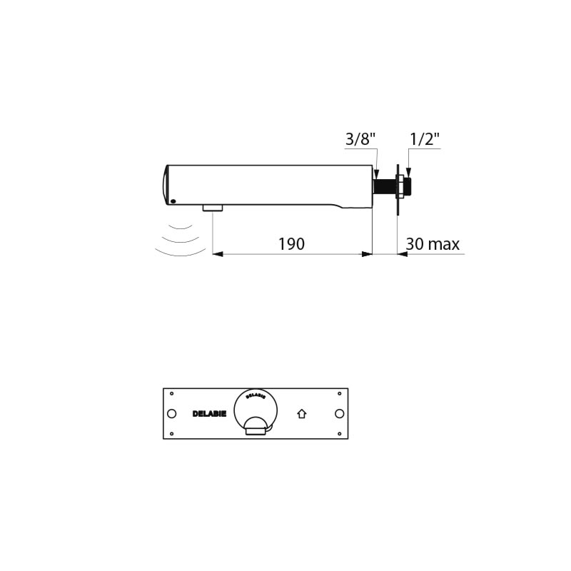 Delabie TEMPOMATIC 4 elektronische wandkraan voor wastafel 6V batterij uitloop 190 mm chroom - maattekening