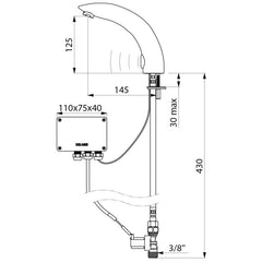Delabie TEMPOMATIC 2 elektronische wastafelkraan op blad netspanning chroom - maattekening