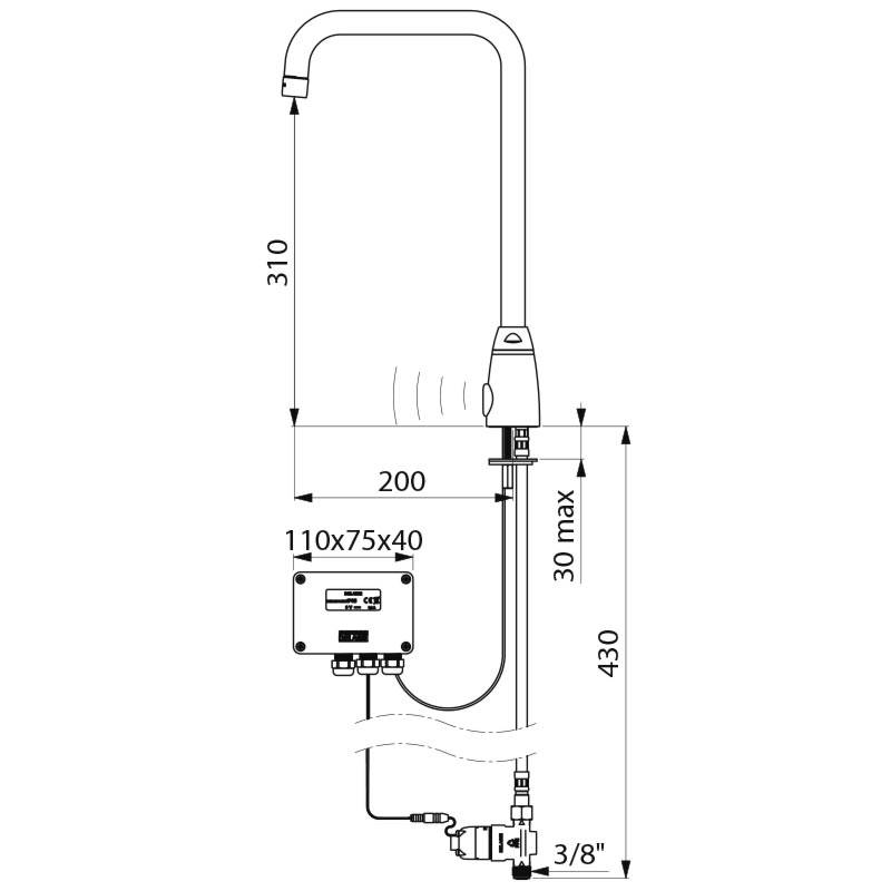 Delabie TEMPOMATIC PRO elektronische wastafelkraan op blad met hoge uitloop 6V batterij chroom - maattekening