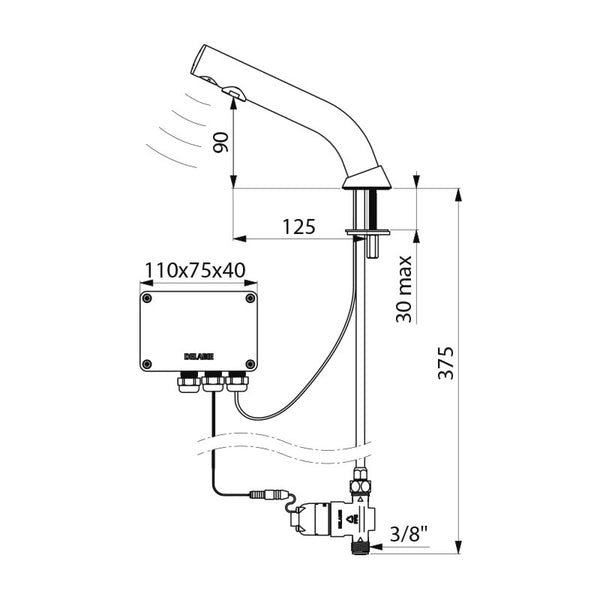 Delabie BINOPTIC elektronische wastafelkraan op blad met lage uitloop 6V batterij chroom - maattekening