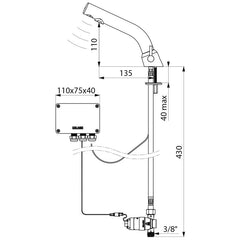 Delabie BINOPTIC MIX elektronische wastafelmengkraan op blad met lage uitloop 6V batterij chroom - maattekening