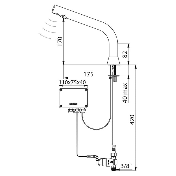 Delabie BINOPTIC elektronische wastafelkraan op blad H.170 6V batterij chroom - maattekening