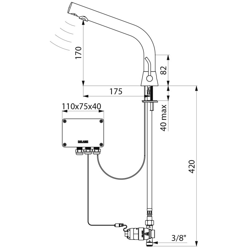 Delabie BINOPTIC MIX elektronische wastafelmengkraan op blad H.170 6V batterij chroom - maattekening