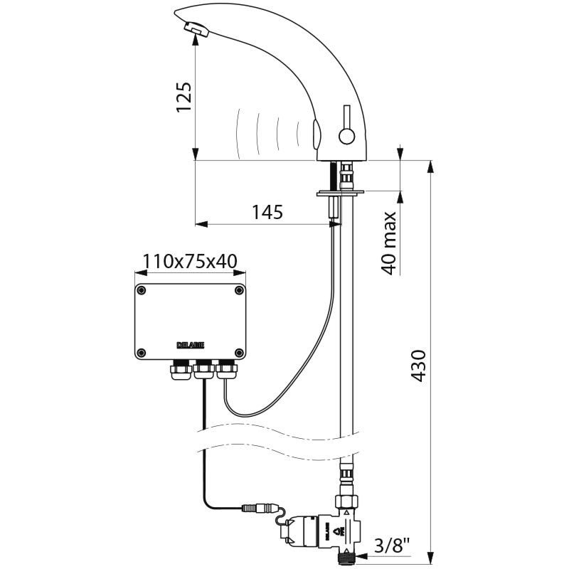 Delabie TEMPOMATIC MIX 2 elektronische wastafelmengkraan op blad 6V batterij chroom - maattekening