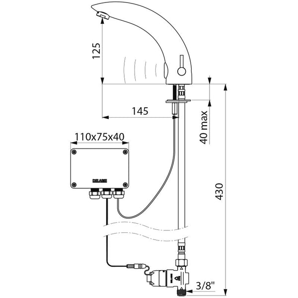 Delabie TEMPOMATIC MIX 2 elektronische wastafelmengkraan op blad 6V batterij chroom - maattekening