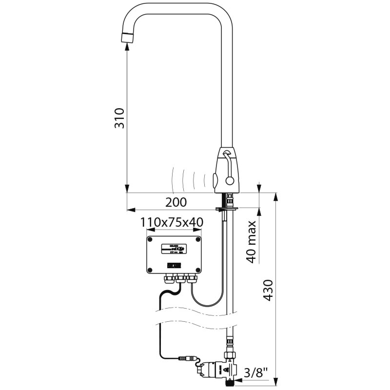 Delabie TEMPOMATIC MIX PRO elektronische wastafelmengkraan op blad met hoge uitloop 6V batterij chroom - maattekening