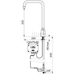 Delabie TEMPOMATIC MIX PRO elektronische wastafelmengkraan op blad met hoge uitloop 6V batterij chroom - maattekening