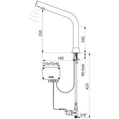 Delabie BINOPTIC elektronische wastafelkraan op blad H.250 6V batterij chroom - maattekening