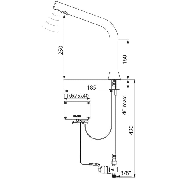 Delabie BINOPTIC elektronische wastafelkraan op blad H.250 6V batterij chroom - maattekening