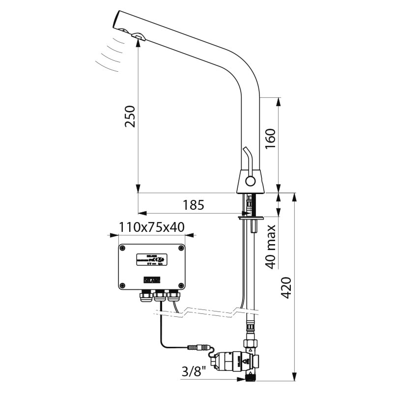 Delabie BINOPTIC MIX elektronische wastafelmengkraan op blad H.250 6V batterij chroom - maattekening