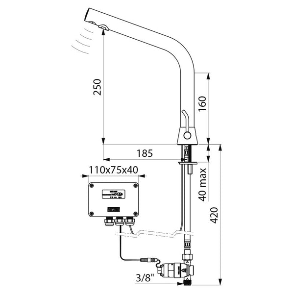 Delabie BINOPTIC MIX elektronische wastafelmengkraan op blad H.250 6V batterij chroom - maattekening