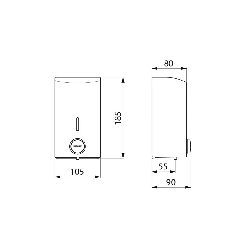 Delabie Zeepdispenser muurmodel met soepele drukknop 0,5 liter wit - maattekening