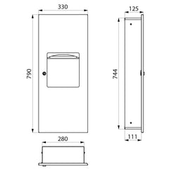 Delabie Inbouw combinatie handdoekdispenser en afvalbak 10 liter RVS mat - maattekening
