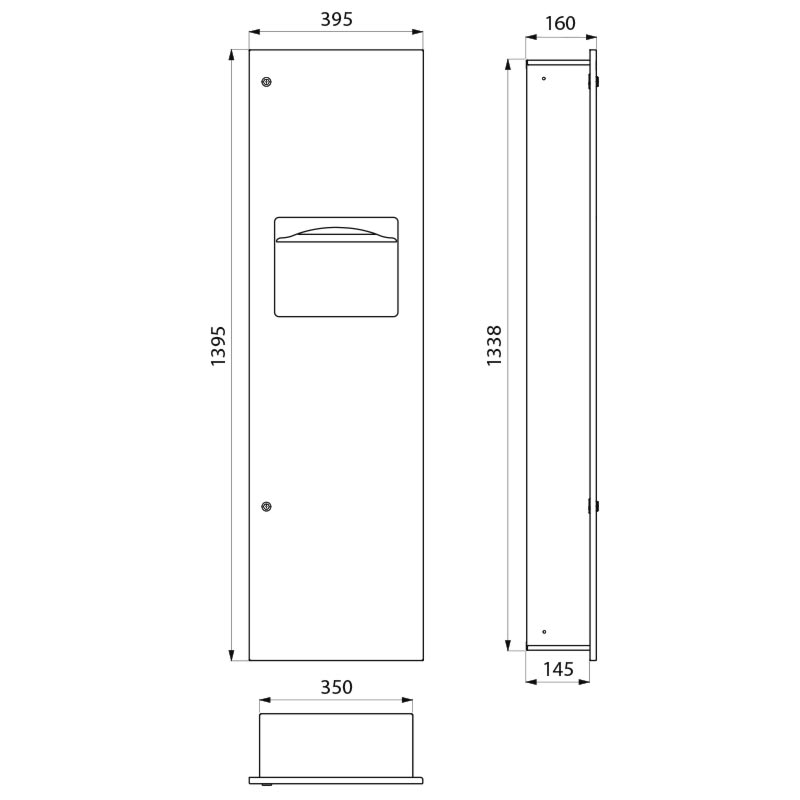 Delabie Inbouw combinatie handdoekdispenser en afvalbak 30 liter RVS mat - maattekening