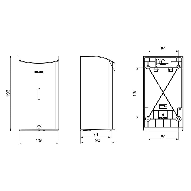 Delabie Elektronische zeepdispenser muurmodel 0,5 liter wit - maattekening