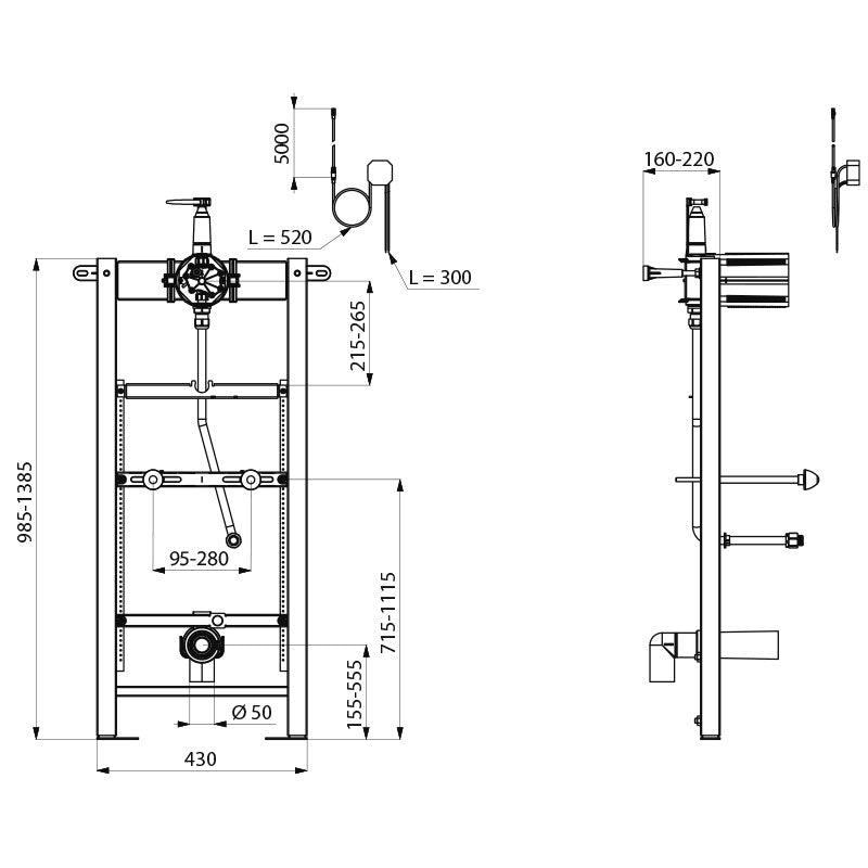 Delabie TEMPOFIX 3 voorwandsysteem urinoir voor TEMPOMATIC 4 netspanning flexibel 1/2 - maattekening