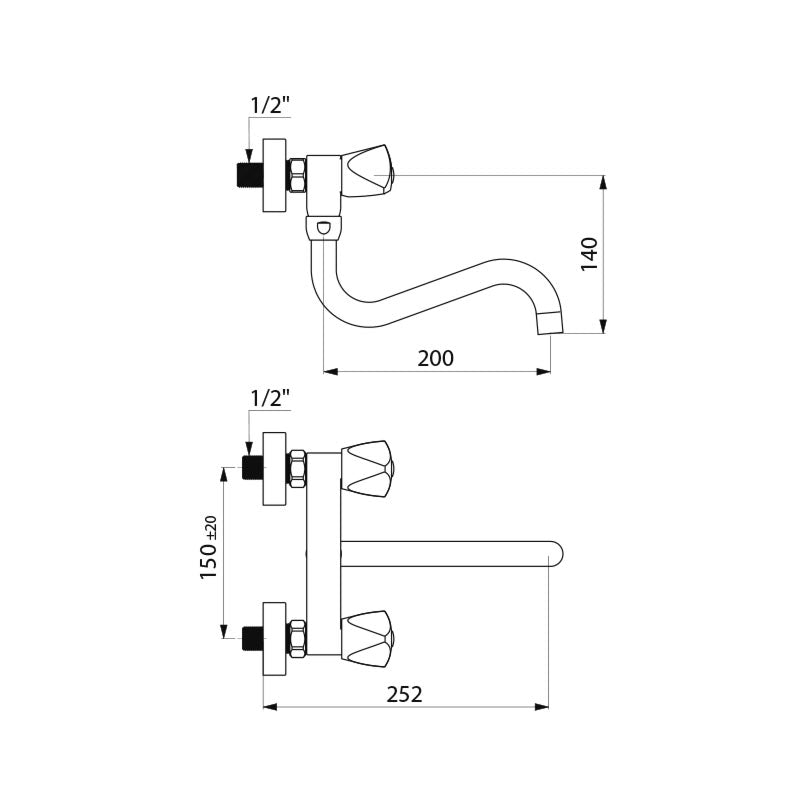 Delabie Muurmengkraan voor spoeltafel 45 l/min met draaibare onderuitloop L.200 chroom - maattekening