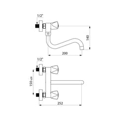 Delabie Muurmengkraan voor spoeltafel 45 l/min met draaibare onderuitloop L.200 chroom - maattekening