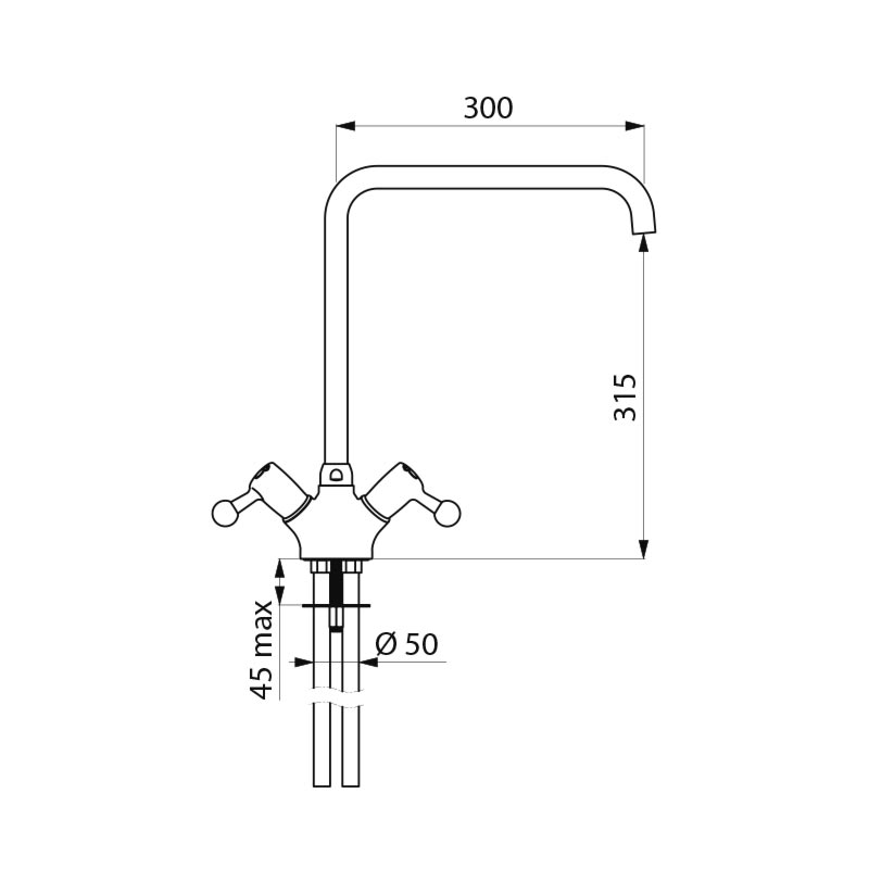 Delabie Eengats mengkraan op blad 100 l/min met draaibare uitloop L.300 chroom - maattekening