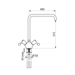 Delabie Eengats mengkraan op blad 100 l/min met draaibare uitloop L.300 chroom - maattekening
