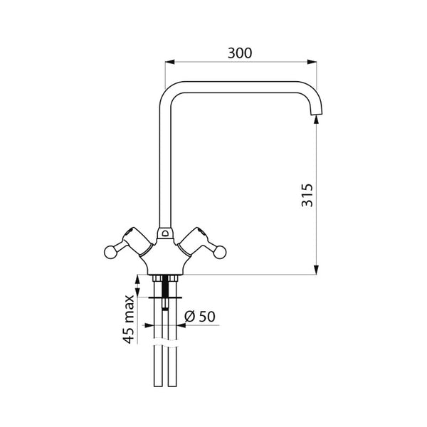 Delabie Eengats mengkraan op blad 100 l/min met draaibare uitloop L.300 chroom - maattekening