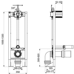 Delabie TEMPOFIX 3 zelfdragend voorwandsysteem toilet zelfsluitend of batterij afvoer 90 mm - maattekening