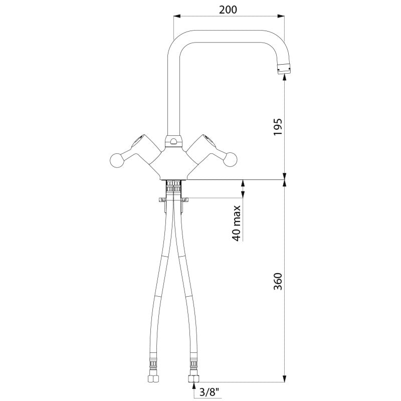 Delabie Eengats mengkraan op blad 45 l/min met draaibare uitloop L.200 chroom - maattekening