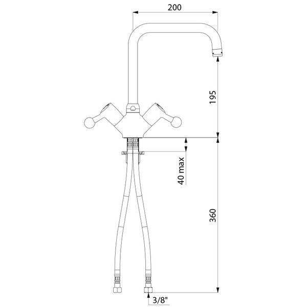 Delabie Eengats mengkraan op blad 45 l/min met draaibare uitloop L.200 chroom - maattekening
