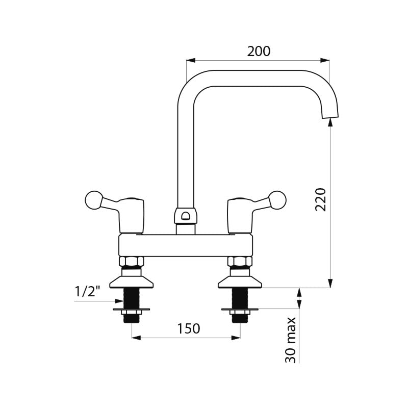 Delabie Tweegats mengkraan op blad hartafstand 150 mm 60 l/min uitloop L.200 chroom - maattekening