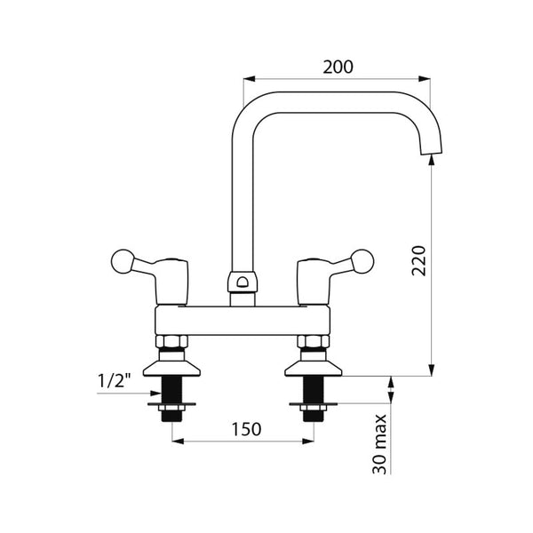 Delabie Tweegats mengkraan op blad hartafstand 150 mm 60 l/min uitloop L.200 chroom - maattekening