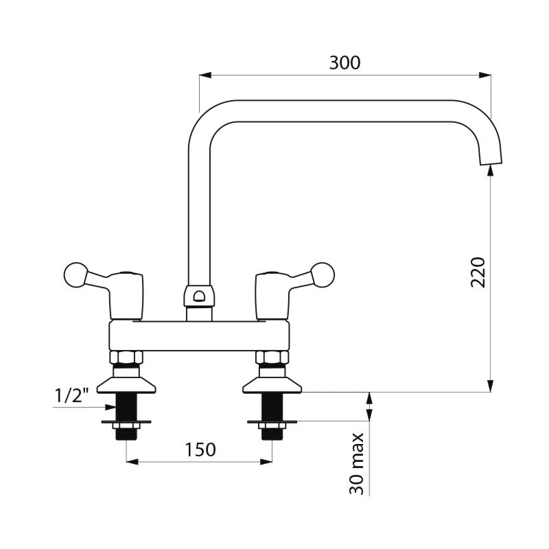 Delabie Tweegats mengkraan op blad hartafstand 150 mm 60 l/min uitloop L.300 chroom - maattekening