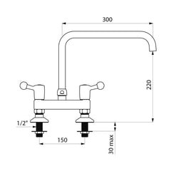 Delabie Tweegats mengkraan op blad hartafstand 150 mm 60 l/min uitloop L.300 chroom - maattekening