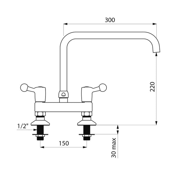 Delabie Tweegats mengkraan op blad hartafstand 150 mm 60 l/min uitloop L.300 chroom - maattekening
