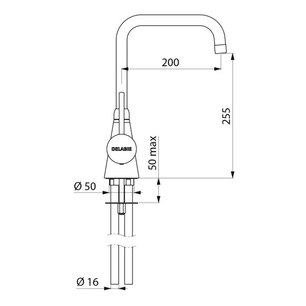 Delabie Eengreeps mengkraan op blad 60 l/min met draaibare uitloop H.255 L.200 chroom - maattekening