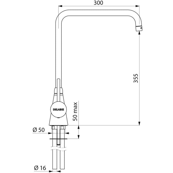 Delabie Eengreeps mengkraan op blad 60 l/min met draaibare uitloop H.355 L.300 chroom - maattekening