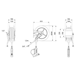 Delabie Automatische slanghaspel RVS met slang 15 m en schokbestendig waterpistool - maattekening