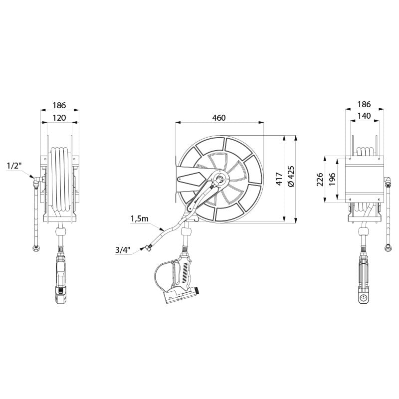 Delabie Automatische slanghaspel ABS met slang 15 m en schokbestendig waterpistool - maattekening