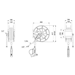 Delabie Automatische slanghaspel ABS met slang 15 m en schokbestendig waterpistool - maattekening